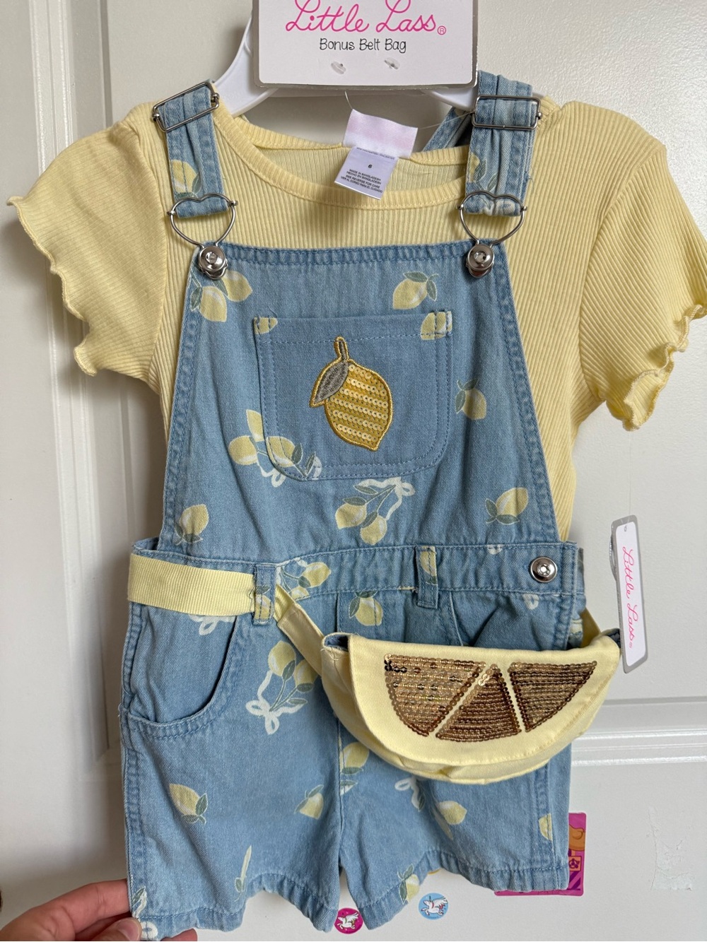 Little Lass Shirt and Overalls Matching set for girls size 6 with bag